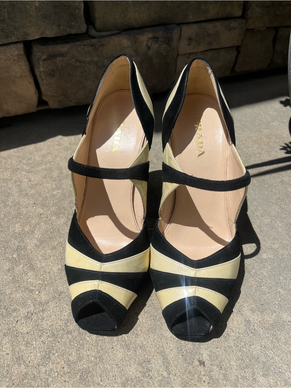 Prada Black and Cream Striped Peep-Toe Mary Jane Heels